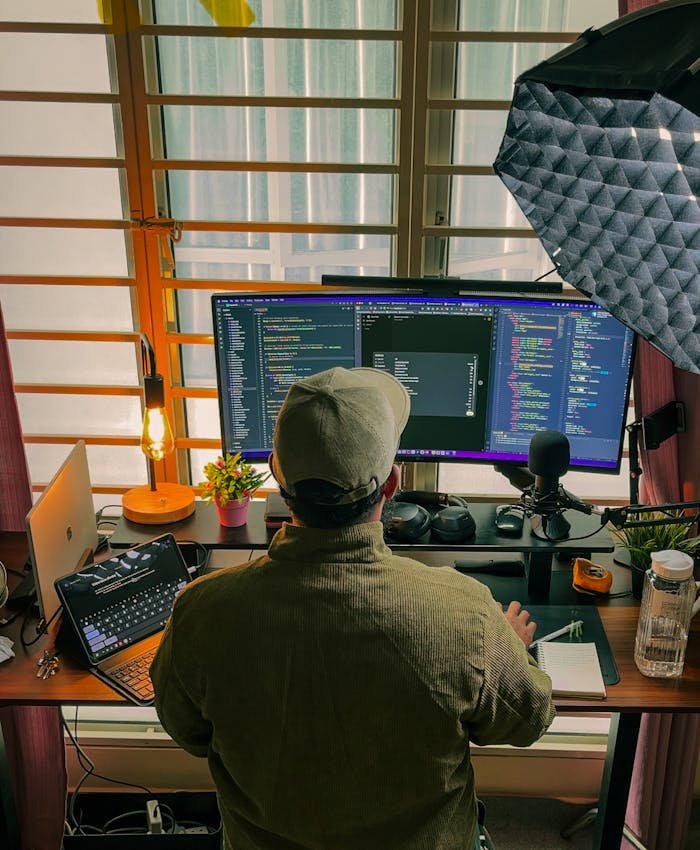 A developer's home office setup with multiple screens, coding in progress, and cozy lighting.